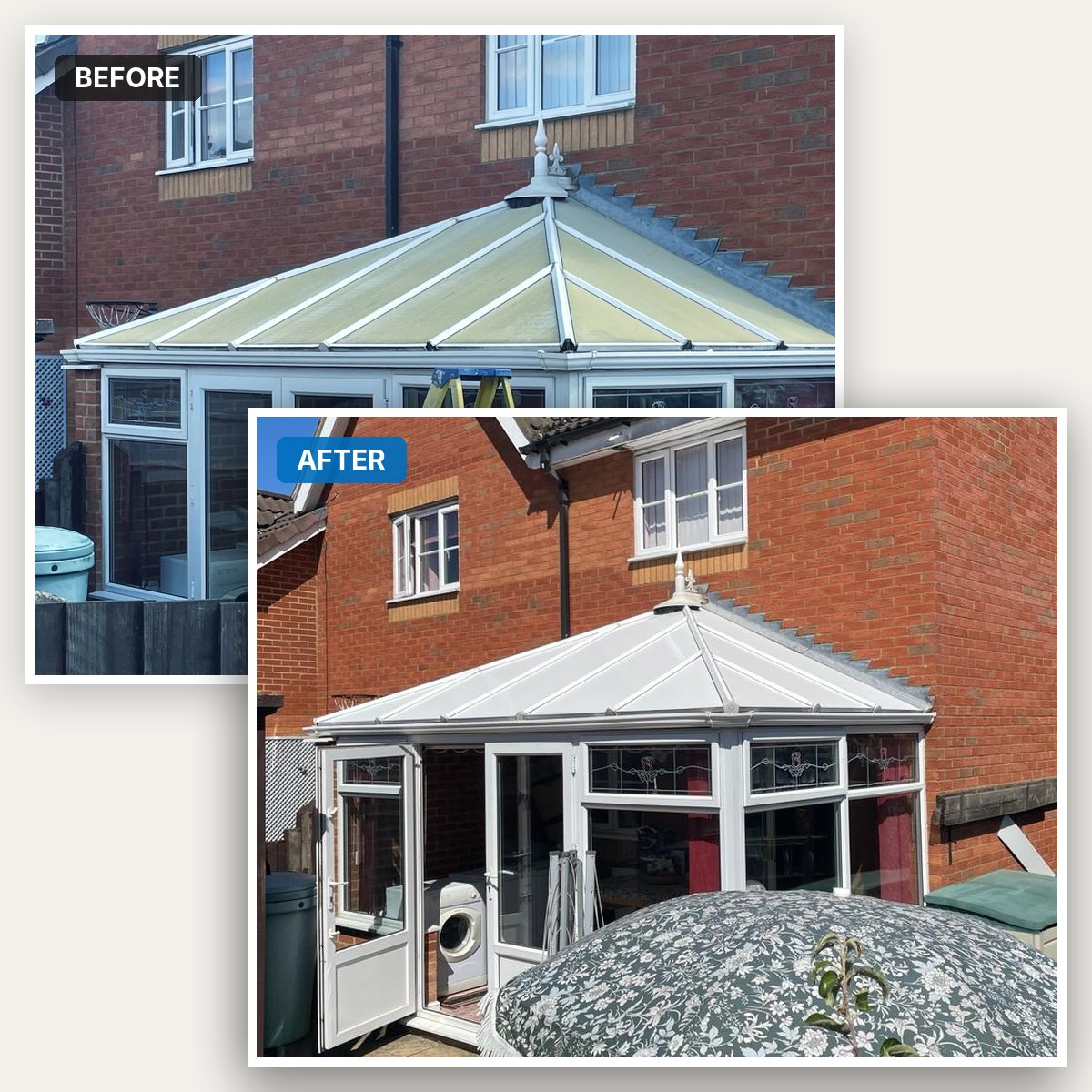 A photo showing a conservatory roof upgraded with thermal panels, before and after